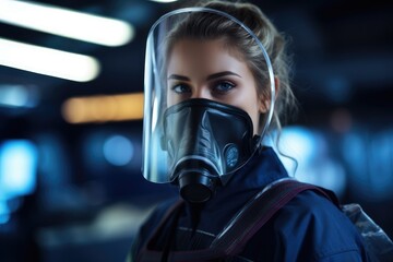 Fototapeta na wymiar A woman wearing a gas mask and carrying a backpack stands outdoors, Young female Emergency Medical Service worker wearing protective face mask, AI Generated