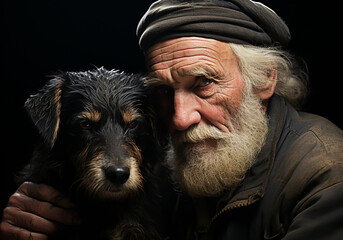 Portrait of a moment of affection between an elderly farmer man and his dog. Care and attention. Domestic and farm animals.