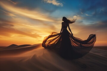 Fototapeta na wymiar woman in a dress standing on a sand dune in the desert