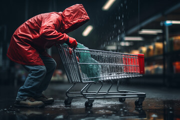 A man in a red raincoat is pushing a shopping cart in a supermarket.