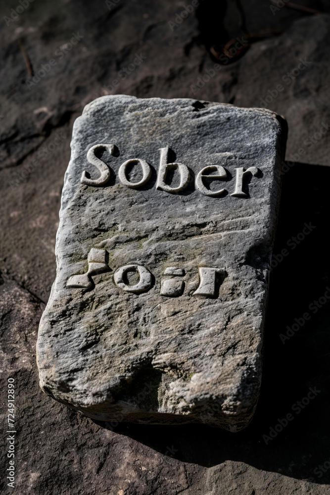 Wall mural atmospheric stone tablet with the word 'sober' gen ai