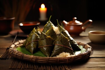 A mouthwatering plate of food sits on a table, with a glowing candle adding a warm ambiance, Zongzi on the plate on the table, AI Generated