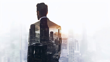 A man in a suit, double-exposed with the urban skyline