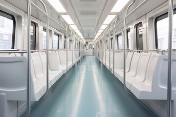 Obraz premium Interior of a modern subway car with white seats. Empty train carriage