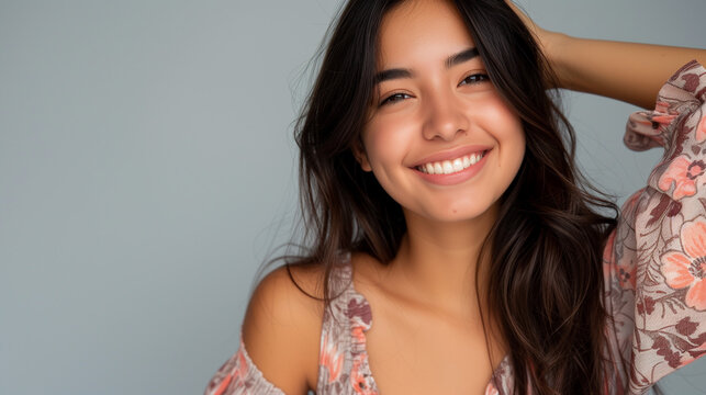 Smiling happy attractive hispanic young woman posing in studio shot, Ai generated image