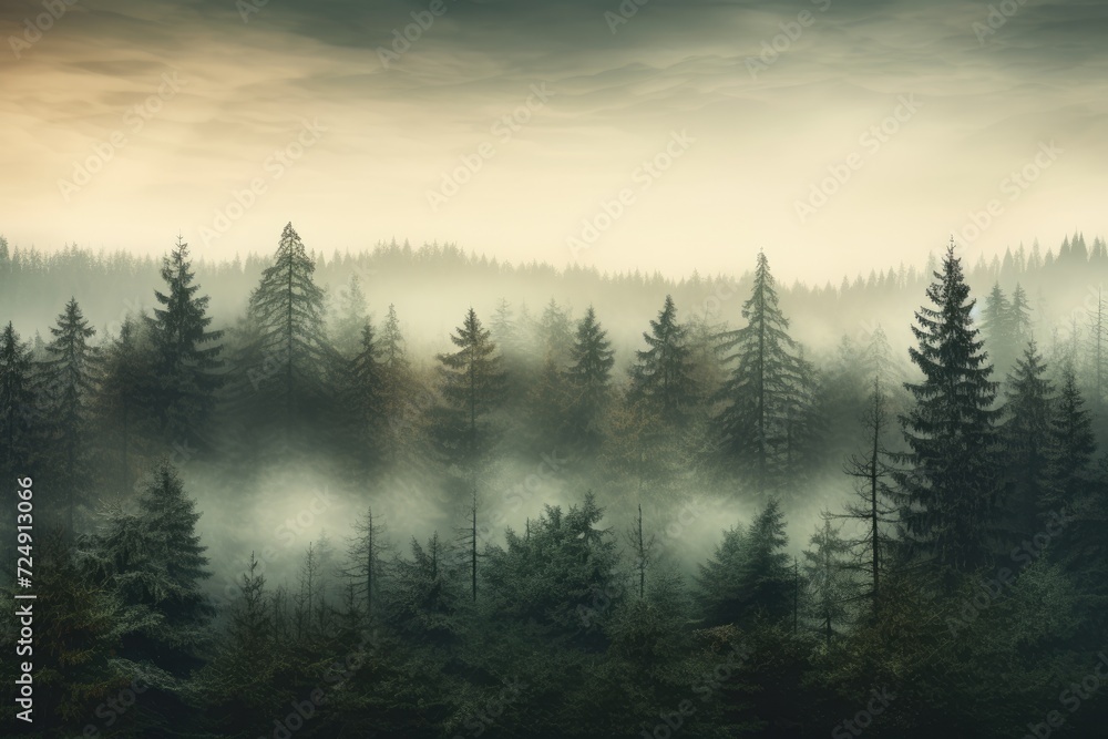 Poster a captivating image of a foggy forest with a multitude of trees creating a serene and peaceful ambia