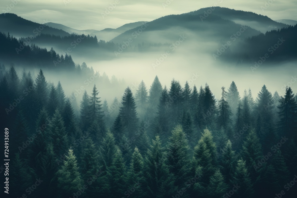 Poster a serene forest teeming with towering trees immersed in a ethereal fog, creating a mystical atmosphe