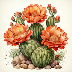 Watercolor painted different cacti on a light background.