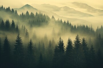 A captivating painting of a foggy forest featuring majestic mountains in the background., Misty landscape with fir forest in vintage retro style, AI Generated