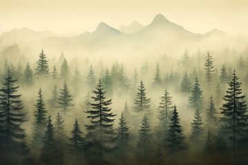 A stunning painting depicting a serene forest with majestic mountains in the distant backdrop., Misty landscape with fir forest in vintage retro style, AI Generated