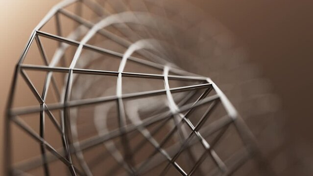 Looped 3D animation of the rotation of a geometric Mobius figure. The geometry is built from chrome plated metal cylinders. Close-up. Defocus.