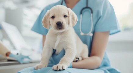 A cute little puppy is being checked by a veterinarian