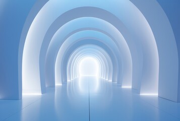  long, white marble perspective  hallway with a white door at the end. The hallway is well-lit with light 