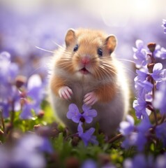 a hamster standing on its hind legs in a field of purple flowers.
