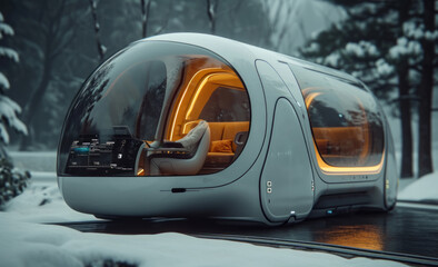 A person in a smart office sitting in a vehicle. A sleek, futuristic car with advanced features and elegant design is driving through the snowy landscape.