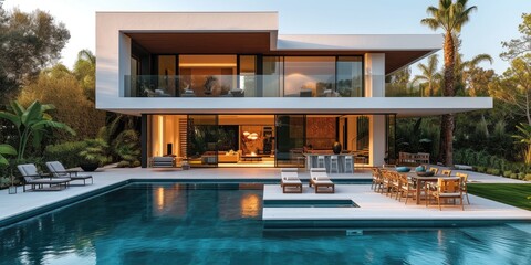 Modern luxury mediterranean home with swimming pool - obrazy, fototapety, plakaty