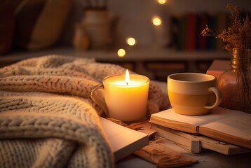 Obraz na płótnie Canvas relaxing image of a soft knitted blanket draped on the bed, candle, cup of tea. Cozy knit bedroom concept. Hygge style.