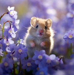 portrait of a cute hamster in lilac flowers