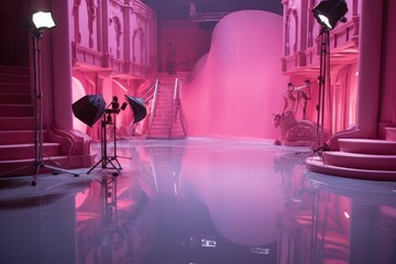 A room with pink lighting and a staircase leading to another level, Pink film set, Film shooting, AI Generated