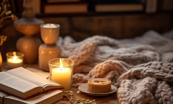  relaxing image of a soft knitted blanket draped on the bed, candle, cup of tea. Cozy knit  bedroom concept. Hygge style.