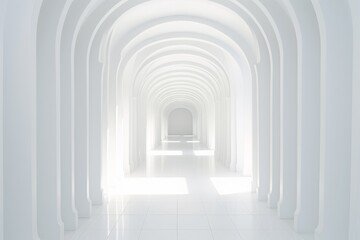  long, white marble perspective  hallway with a white door at the end. The hallway is well-lit with light 