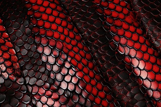 This image captures the intricate and vibrant pattern of a red and black snake skin from an up-close perspective, Red and black exotic snake skin pattern, AI Generated