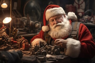 Man Dressed as Santa Claus Operating Machine, Santa Claus and his tiny worker elves in the workshop, North Pole, Movie style, Cinematic lighting dramatic action, Fun emotion, AI Generated
