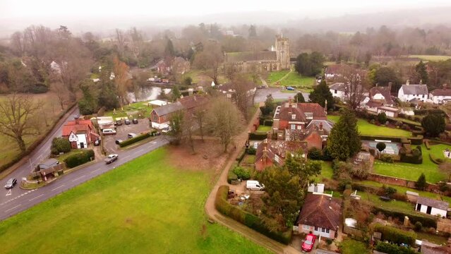 Aerial footage of Hawkhurst village on a foggy morning in the borough of Tunbridge Wells