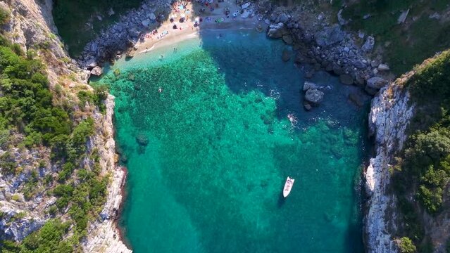 Aerial view of the beach at Fakistra, Pelion mountain, Greece, with emerald shining sea surounded by thick pine tree forest