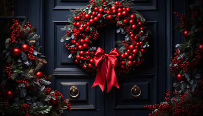Fototapeta na wymiar Winter celebration wreath on door, gift under tree generated by AI