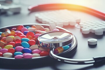 Medication and Stethoscope on Table, Health Care Concept, Stethoscope with pile of colorful antibiotic capsule pills on white table with drug tray, AI Generated - obrazy, fototapety, plakaty