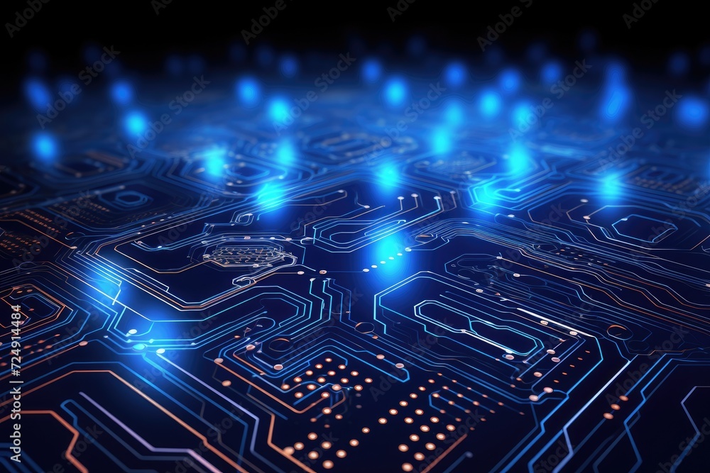 Poster a close-up photo of a computer circuit board illuminated by blue lights, technology background vecto
