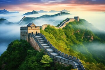 An awe-inspiring painting capturing the grandeur of the majestic Great Wall of China, The Great Wall of China in the mist, lying long, surrealist view from drone photography, AI Generated - obrazy, fototapety, plakaty
