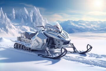 A snowmobile is parked on a snowy hill, providing a means of transportation and adventure in snowy landscapes, The snowmobile on a beautiful winter landscape, AI Generated