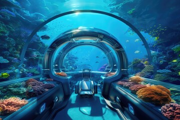 Car Driving Through Underwater Tunnel, An Incredible Subaquatic Journey, The submarine of the future will be underwater next to coral reefs and fish, 6k ultra HD, AI Generated