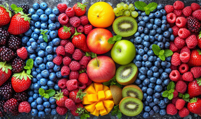 Freshest most nutritious foods around. A diverse selection of ripe and vibrant fruits is meticulously arranged on a table, showcasing their natural colors and textures. - obrazy, fototapety, plakaty