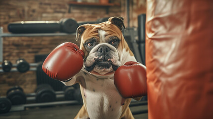 Boxing concept. Funny Bulldog with Boxing Gloves in Gym - A Humorous Take on Fitness, Image made using Generative AI Technology - 724915041
