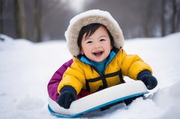 Fototapeta na wymiar child playing in snow