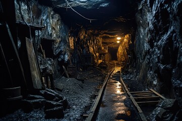 Fototapeta na wymiar A captivating photo showcasing a dimly lit tunnel that leads to a radiant light at its exit, underground mining tunne, AI Generated