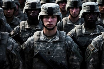 A photo capturing a group of military men standing in formation, ready for duty, US soldiers standing in formation on a ceremony, top section cropped, AI Generated