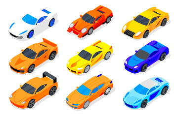 Set of Sport Cars for Championship Isolated on White Background. Racing Automobiles Top View, Colorful Race Transport