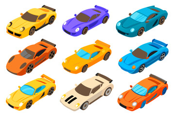 Set of Sport Cars for Championship Isolated on White Background. Racing Automobiles Top View, Colorful Race Transport