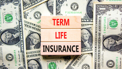 Term life insurance symbol. Concept words Term life insurance on beautiful wooden blocks. Dollar...