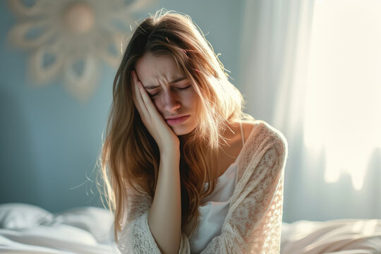 A young lady experiencing a morning headache.
