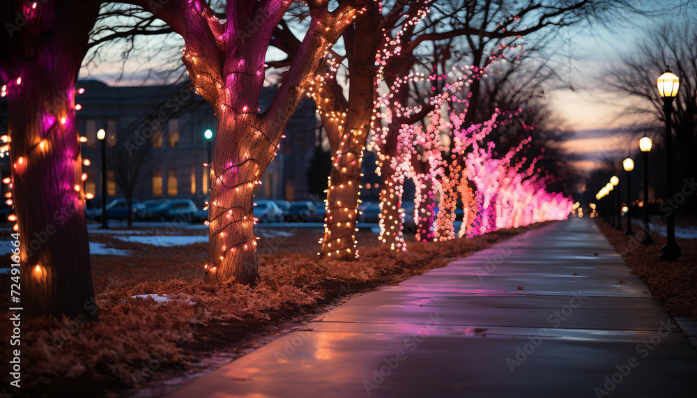 Poster illuminated city streets, glowing with christmas decorations generated by ai