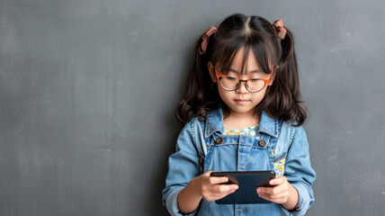 Asian little girl reading on an electronic tablet on a gray background. - obrazy, fototapety, plakaty