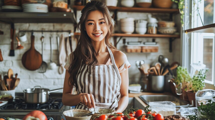 Young Korean woman vlogger baking and recording video for food channel.  - obrazy, fototapety, plakaty