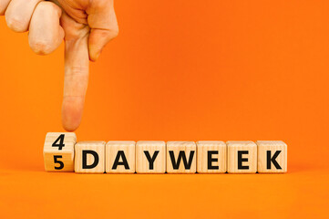 4 or 5 work day per week symbol. Concept words 5 day week or 4 day week on beautiful wooden cubes. Beautiful orange table orange background. Business and 4 or 5 day work week concept. Copy space.