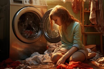 A woman sits on the floor next to a washing machine, engaged in laundry activities., moment in the game when played washer, AI Generated