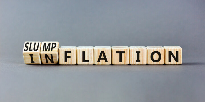 Inflation or slumpflation symbol. Concept word Inflation Slumpflation on beautiful wooden cubes. Beautiful grey table grey background. Business inflation slumpflation concept. Copy space. - Powered by Adobe